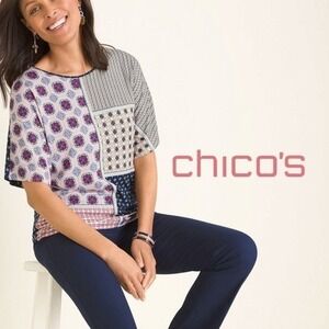 Chico's Women's Patchwork Embroidered Dolman Tee Navy/Multi 0 (S)